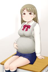 1girl blue_skirt bow brown_eyes brown_hair closed_mouth desk pregnant red_bow skirt