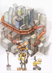 absurdres acrylic_paint_(medium) ballpoint_pen_(medium) city grey_background highres joints mechanical_arms mechanical_legs original painting_(medium) pen_(medium) radio_antenna robot robot_joints rooftop science_fiction shovel tagme traditional_media tsuboi_hajime watercolor_(medium) wheel