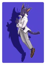 1boy absurdres ahoge animal_ears blush brown_shoes cat_boy cat_ears cat_tail closed_mouth commentary_request furry furry_male grey_pants highres looking_at_viewer male_focus morenatsu pants popped_collar purple_background shadow shin_kuroi shirt shoes tail takichizento white_shirt