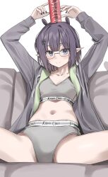 1girl absurdres alternate_costume arms_up black_nails blue_eyes blush breasts calvin_klein can can_on_head glasses grey_jacket grey_panties grey_sports_bra hair_ornament highres holding holding_can hololive hololive_english jacket looking_at_viewer medium_hair navel ninomae_ina&#039;nis panties pointy_ears scarlet_(wv0102) sitting small_breasts smile sports_bra spread_legs underwear virtual_youtuber