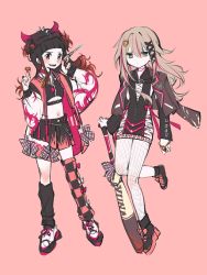 Rule 34 | 2girls, alternate costume, alternate hair color, animal print, asymmetrical footwear, asymmetrical legwear, baseball bat, beanie, belt, black belt, black dress, black hair, black headwear, black legwear, black ribbon, black shirt, black shorts, black sleeves, blood, bloody weapon, blouse, blunt bangs, blush, brown jacket, candy, chain, chain necklace, checkered clothes, checkered legwear, checkered ribbon, chocolate, chocolate heart, choker, crop top, detached sleeves, diamond hair ornament, dragon print, dress, earrings, fake horns, fishnets, flame print, food, full body, gradient hair, grey hair, hair ornament, hair ribbon, hat, heart, heart choker, heart necklace, high heel sneakers, highres, holding, holding chocolate, holding food, holding weapon, horned hat, horns, jacket, jacket on shoulders, jewelry, kureha yuna, lapels, limited palette, long hair, loose socks, magia record: mahou shoujo madoka magica gaiden, mahou shoujo madoka magica, midriff, mismatched footwear, mismatched legwear, multicolored hair, multiple earrings, multiple girls, multiple rings, nail polish, navel, necklace, notched lapels, ooba juri, open mouth, orange hair, orange legwear, pink background, pink belt, pink choker, pink hair, pink ribbon, pom pom (clothes), print shorts, red eyes, ribbon, ribbon legwear, ring, shirt, shoes, short dress, shorts, simple background, sneakers, socks, soul gem, streaked hair, studded jacket, sukajan, torn clothes, torn legwear, tress ribbon, two-tone hair, wallet chain, weapon, white jacket, yumiao79, zebra print