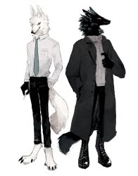 2boys animal_feet arm_behind_back black_coat black_fur black_pants boots coat collared_shirt combat_boots dog_boy furry furry_male green_necktie hand_in_pocket highres lace-up_boots male_focus multiple_boys necktie original pants pawpads red_eyes shirt sweater turtleneck turtleneck_sweater white_fur white_shirt white_sweater zumi3