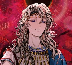 1boy 6_(reverse:1999) artist_name blonde_hair blue_eyes earrings grin hair_ornament hakyusiku half-closed_eyes jewelry long_hair male_focus official_alternate_costume red_background reverse:1999 shirt short_sleeves signature smile solo twitter_username upper_body white_shirt