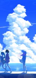3girls absurdres ahoge aqua_hair atsuko_(blue_archive) atsuko_(swimsuit)_(blue_archive) bare_legs bikini black_hair blue_archive blue_sky cellphone cloud commentary_request contrail cumulonimbus_cloud cup disposable_cup drinking eyewear_on_head flip-flops floating_hair halo hat highres hiyori_(blue_archive) hiyori_(swimsuit)_(blue_archive) holding holding_cup holding_phone horizon kneepits long_hair misaki_(blue_archive) misaki_(swimsuit)_(blue_archive) multiple_girls official_alternate_costume outdoors own_hands_together phone pink_hair pinstripe_pattern sandals short_hair side-tie_bikini_bottom side_ponytail sky sun_hat sunglasses surps swimsuit very_long_hair walking white_hat wristband