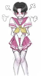 1boy black_hair crossdressing embarrassed hands_between_legs male_focus maruko_gaku multicolored_shirt multicolored_skirt open_mouth parted_bangs pink_shirt pink_skirt pleated_skirt red_eyes sailor_collar shirt simple_background skirt solo solo_focus standing striped_clothes striped_skirt teeth the_hundred_line_-last_defense_academy- white_background white_shirt white_skirt white_stripes