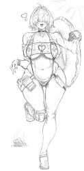1girl ahoge belly breasts chibi chibi_inset choker cleavage cleavage_cutout clothing_cutout elegg_(boom_and_shock)_(nikke) elegg_(nikke) facing_viewer fangs full_body goddess_of_victory:_nikke greyscale hair_intakes hair_over_eyes heart heart_cutout highres holding holding_swim_ring indinu innertube large_breasts long_bangs looking_at_viewer monochrome navel open_mouth plump short_hair slingshot_swimsuit smile solo standing standing_on_one_leg sun swim_ring swimsuit teeth thick_thighs thigh_strap thighs upper_teeth_only wide_hips
