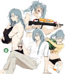 1boy 1girl alternate_hairstyle bead_bracelet beads black_panties blue_eyes blue_hair bracelet breasts brown_pants closed_mouth collarbone crop_top cropped_legs cropped_torso cup dagon_(jujutsu_kaisen) dress_shirt drinking_straw food fruit genderswap genderswap_(mtf) hair_down heterochromia highres holding holding_cup holding_food holding_fruit holding_water_gun holding_watermelon jacket jewelry jogo_(jujutsu_kaisen) jujutsu_kaisen logo_parody long_hair lotion low-braided_long_hair low-tied_long_hair mahito_(jujutsu_kaisen) male_focus multiple_views nonockha open_mouth panties pants pearl_bracelet ponytail shirt simple_background small_breasts smile starbucks stitched_arm stitched_face stitched_neck stitched_torso stitches sunscreen teeth twintails underwear undressing upper_teeth_only water_gun watermelon white_background white_shirt yellow_eyes yellow_jacket