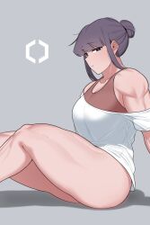 1girl absurdres artist_name bare_shoulders black_eyes breasts closed_mouth commentary_request feet_out_of_frame from_side grey_background hair_bun hands_out_of_frame highres korean_commentary large_breasts lee_do-eun_(oddsnail) loungewear muscular muscular_female oddsnail off_shoulder original outstretched_legs purple_hair red_sports_bra shirt short_sleeves sidelocks sideways_glance simple_background sitting solo sports_bra thick_thighs thighs twitter_username white_shirt