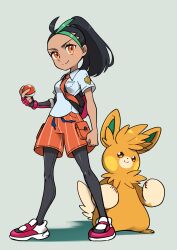 1girl absurdres ayakadegozans black_hair black_pantyhose breast_pocket clenched_hand closed_mouth collared_shirt commentary_request creatures_(company) eyelashes freckles game_freak gloves green_hair grey_background highres holding holding_poke_ball multicolored_hair necktie nemona_(pokemon) nintendo orange_eyes orange_necktie orange_shorts pantyhose pantyhose_under_shorts pawmot pocket poke_ball poke_ball_(basic) pokemon pokemon_(creature) pokemon_sv ponytail shirt shoes short_sleeves shorts single_glove smile two-tone_hair