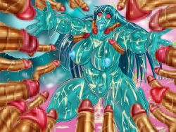 alpha-152 aqua_theme blue_hair blue_theme breasts bukkake censored cum dead_or_alive huge_breasts long_hair monster_girl naughty_face nipples plump red_eyes slime_girl tecmo thick_thighs thighs tongue