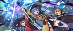 &gt;_&lt; 2boys 2girls :d ahoge arm_up belt black_cloak black_gloves black_hat black_ribbon blue_eyes blue_hair boots braid breasts brown_belt brown_hair brown_robe cape casting_spell clenched_hand cloak crossed_bangs crossover dress excited fingerless_gloves from_below game_cg gloves green_cape green_eyes grey_robe hair_ribbon hat highres holding holding_staff hooded_robe hydrokinesis jumping kono_subarashii_sekai_ni_shukufuku_wo! konosuba!_fantastic_days light_blush long_hair long_sleeves looking_at_another looking_up mage_staff magic megumin mole mole_under_eye multiple_boys multiple_girls mushoku_tensei official_art open_mouth outdoors parted_bangs red_dress red_eyes ribbon robe roxy_migurdia rudeus_greyrat satou_kazuma serious shirt short_dress short_hair sidelocks small_breasts smile staff thigh_boots thighhighs thighs tsurime twin_braids v-shaped_eyebrows very_long_hair water water_drop white_boots white_dress white_shirt witch_hat zettai_ryouiki