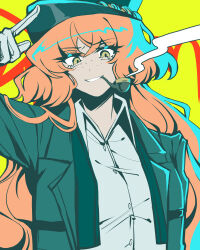 1girl absurdres collared_shirt gloves green_hat green_jacket hat highres ishmael_(project_moon) jacket limbus_company long_hair long_sleeves looking_at_viewer orange_hair peaked_cap pequod_(identity)_(project_moon) project_moon shirt simple_background smoking_pipe solo tachibana_limbu upper_body very_long_hair white_gloves yellow_background yellow_eyes