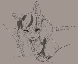 Rule 34 | 1boy, 1girl, animal ears, bow, bowtie, ear bow, ear covers, english text, greyscale, hetero, horse ears, monochrome, multicolored hair, nice nature (umamusume), oniyanna, open mouth, penis, penis on face, solo focus, streaked hair, twintails, umamusume, uncensored