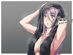 1girl after_shower armpits baron_(varon666) breasts cleavage collarbone fuuto_tantei kamen_rider kamen_rider_w large_breasts long_hair nude purple_eyes purple_hair sideboob solo tokime_(fuuto_tantei) towel varon wet