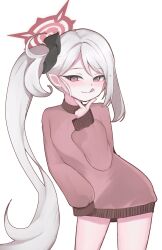 1girl blue_archive blush child closed_mouth cowboy_shot eyelashes female_focus grey_hair halo leaning_to_the_side looking_at_viewer meemz_a mutsuki_(blue_archive) naked_sweater pink_eyes pink_sweater pointy_ears ponytail red_halo side_ponytail simple_background sleeves_past_fingers sleeves_past_wrists smile smug solo standing sweater tongue tongue_out white_background