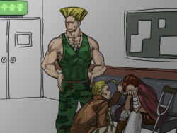 1boy 2girls bam_(s2leona) bandages cammy_white chun-li crutch derivative_work gg_(s2leona) guile hands_on_own_face hospital jacket korean_text multiple_girls street_fighter street_fighter_iv_(series) waiting