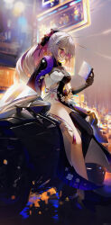 1girl absurdres black_dress black_footwear black_gloves black_thighhighs bronya_zaychik bronya_zaychik_(heart_of_the_night) bronya_zaychik_(silverwing:_n-ex) closed_mouth colored_inner_hair commentary_request dress elbow_gloves expressionless full_body glasses gloves grey_eyes grey_hair high_heels highres holding honkai_(series) honkai_impact_3rd long_hair looking_at_object motor_vehicle motorcycle multicolored_hair official_alternate_costume outdoors ponytail purple-tinted_eyewear purple_hair round_eyewear single_thighhigh sitting solo striped_clothes striped_thighhighs swkl:d thighhighs tinted_eyewear vertical-striped_clothes vertical-striped_thighhighs white_dress