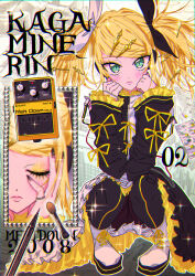1girl 2008 amplifier aqua_eyes black_bow black_leggings black_nails blonde_hair blush boots bow chain character_name closed_eyes commentary_request dress english_text eyeshadow frilled_dress frilled_sleeves frills hair_bow hair_ornament hairclip hand_on_own_face headphones highres himitsu_(iemaki) jewelry kagamine_rin kagamine_rin_(reactor) leggings looking_at_viewer makeup makeup_brush medium_hair multiple_hair_bows nail_polish pill pinky_ring platform_boots platform_footwear ring roshin_yuukai_(vocaloid) solo sparkle squatting twintails two-tone_dress vocaloid white_bow yellow_bow yellow_eyeshadow