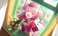 1girl :d book collared_shirt colorful_palette envelope fang flower game_cg happy_lovely_everyday!_(project_sekai) hat highres holding holding_envelope jacket looking_at_viewer momoi_airi official_alternate_costume official_art open_mouth pink_eyes pink_hair pink_hat pink_jacket plant potted_plant project_sekai shirt smile solo third-party_source tongue two_side_up white_flower white_shirt window