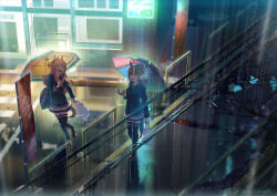 2girls animal_ears bag banner bare_tree blue_coat blue_eyes breasts breath brown_eyes brown_hair brown_shoes building buttons coat commentary_request dated double-breasted holding holding_bag holding_umbrella horse_ears horse_girl horse_tail long_hair long_sleeves looking_at_another mayano_top_gun_(umamusume) multicolored_hair multiple_girls night nobori open_mouth orange_hair outdoors plastic_bag power_lines puddle purple_skirt purple_thighhighs rain school_bag shadow shoes skirt small_breasts smile streaked_hair tail takuzui thighhighs tokai_teio_(umamusume) tree twitter_username umamusume umbrella walking watermark