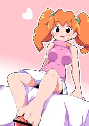 1girl 2012 arm_support bar_censor bare_shoulders barefoot black_eyes blush breasts censored feet footjob hair_bobbles hair_ornament heart junmai_karin medarot open_mouth orange_hair penis pink_shirt pointless_censoring popporunga precum shiny_skin shirt sitting skirt solo_focus sweat