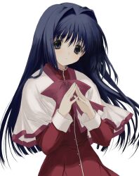 Rule 34 | 1girl, blue eyes, blue hair, blunt ends, blush, bow, bowtie, capelet, closed mouth, cowboy shot, dress, floating hair, hair intakes, hands up, highres, huge bow, kanon, long hair, long sleeves, looking at viewer, minase nayuki, numata eki, own hands together, pink bow, pink bowtie, red dress, school uniform, sidelocks, simple background, solo, steepled fingers, straight hair, tareme, white background, white capelet