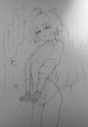 Rule 34 | !?, 1boy, 1girl, ahoge, blue archive, collared shirt, doodle sensei (blue archive), fang, gloves, highres, hoshino (blue archive), long hair, meteor (yamashou), ponytail, sensei (blue archive), shirt, sketch, sleeves rolled up, speech bubble, traditional media, translation request