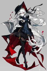 1girl absurdres arknights artist_name black_dress black_gloves black_pantyhose black_shoes black_thighhighs buqiyong crossed_bangs crossed_legs dress gloves grey_background hair_between_eyes hat high_heels highres juliet_sleeves long_sleeves looking_at_viewer pantyhose pleated_dress puffy_sleeves red_eyes shoes smile solo specter_(arknights) specter_the_unchained_(arknights) specter_the_unchained_(born_as_one)_(arknights) standing thighhighs watson_cross white_hair