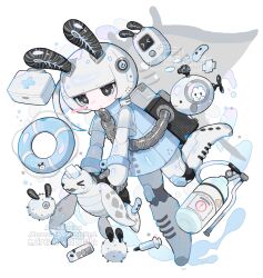 &gt;_&lt; 1other :&lt; absurdres androgynous animal_ears black_eyes commentary_request commission cotono_(nazekun) highres lifebuoy manta_ray original oxygen_tank rabbit_ears robot sea_turtle simple_background skeb_commission standing standing_on_one_leg swim_ring syringe tagme turtle watermark white_background