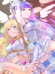 2girls :q aguri_(aguri0406-aoi) angel_wings aqua_eyes bare_shoulders blonde_hair blue_dress blue_eyes bracelet breasts bridal_gauntlets colored_inner_hair commentary_request dress earrings elbow_gloves gloves heart highres jewelry large_breasts long_hair looking_at_viewer midriff multicolored_hair multiple_girls nail_polish navel panties panty_&amp;_stocking_with_garterbelt panty_(psg) panty_pull pink_hair pink_panties pole purple_hair shirt skirt smile stocking_(psg) striped_clothes striped_thighhighs stripper_pole thighhighs tongue tongue_out underwear watermark white_gloves white_shirt wings