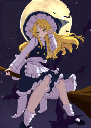 1girl :3 apron bat_(animal) black_skirt black_vest bow braid broom broom_riding buttons commentary_request full_moon green_eyes hand_on_own_ear hat highres kirisame_marisa kurocaca0me light_blush light_particles long_hair long_sleeves looking_at_viewer looking_down moon night night_sky purple_background ribbon shirt single_braid skirt sky smug solo touhou vest white_apron white_bow white_ribbon white_shirt witch_hat