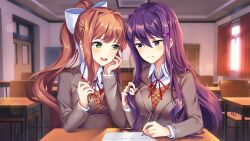 2girls :d blush bow breasts brown_hair brown_jacket brown_sweater_vest buttons ceiling ceiling_light chair classroom closed_mouth collared_shirt commentary curled_fingers curtains desk doki_doki_literature_club doki_doki_literature_club_plus doki_doki_literature_club_school_uniform door dot_nose double-parted_bangs dress_shirt elbow_on_table elbow_rest english_commentary eyebrows_hidden_by_hair fingernails floating_hair game_cg green_eyes grey_jacket grin hair_bow hair_intakes hair_ornament hairclip half-closed_eyes hand_on_own_cheek hand_on_own_face head_on_hand high_ponytail highres holding holding_own_hair holding_pen impossible_clothes indoors jacket large_bow large_breasts lens_flare long_eyelashes long_hair long_sidelocks long_sleeves looking_at_another looking_down lucidsky medium_breasts monika_(doki_doki_literature_club) multiple_girls neck_ribbon non-web_source official_art open_mouth paper pen ponytail purple_eyes purple_hair red_ribbon ribbon satchely school_desk school_uniform shirt side-by-side sidelocks sitting smile squchan straight-on sunlight sweater_vest swept_bangs teeth thick_eyelashes tile_ceiling tiles upper_body upper_teeth_only v-neck white_bow white_shirt window wing_collar wooden_floor writing yuri_(doki_doki_literature_club)