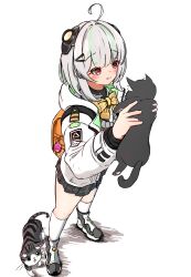 Rule 34 | 1girl, admi (nikke), ahoge, animal, backpack, bag, black cat, black skirt, blunt bangs, blush, bow, bowtie, cat, collared shirt, crime prevention buzzer, full body, goddess of victory: nikke, green hair, grey hair, grey sweater, hair ornament, headgear, highres, holding, holding animal, hood, hood down, hooded jacket, jacket, long sleeves, medium hair, multicolored hair, okayun daisuki, open clothes, open jacket, pleated skirt, randoseru, red eyes, shadow, shirt, shoes, sidelocks, skirt, smile, sneakers, standing, streaked hair, sweater, sweater vest, white background, white jacket, white shirt, yellow bow, yellow bowtie