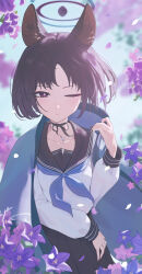Rule 34 | 1girl, absurdres, animal ear fluff, animal ears, black choker, black eyes, black hair, black sailor collar, black skirt, blue archive, blue halo, blue haori, blue neckerchief, cat ears, cat girl, choker, closed mouth, halo, haori, highres, japanese clothes, kikyou (blue archive), looking at viewer, neckerchief, odd (hin yari), one eye closed, parted bangs, pleated skirt, sailor collar, shirt, short hair, skirt, solo, white shirt