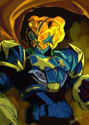 Rule 34 | 1boy, absurdres, armor, blue armor, cowboy shot, desire driver, highres, kamen rider, kamen rider geats (series), kamen rider punkjack, male focus, rider belt, sendalman, solo, tokusatsu, upper body