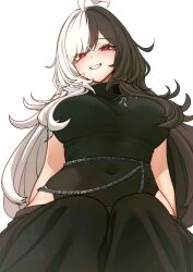 Rule 34 | absurdres, ahoge, bare shoulders, belly chain, black hair, black pants, breasts, codename rose, floral print, heattech leotard, highleg, highleg leotard, highres, jewelry, large breasts, leotard, long hair, looking down, multicolored hair, narrow waist, navel, pants, red eyes, seductive smile, skindentation, sleeveless, sleeveless turtleneck leotard, smile, split-color hair, teeth, turtleneck, two-tone hair, waktaverse, white hair, wide hips, yoongel