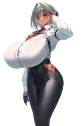 1girl absurdres black_gloves black_pants blush breasts brown_girl_(yamanokami_eaka) bursting_breasts closed_mouth collared_shirt dark-skinned_female dark_skin formal_clothes gloves grey_hair hair_ornament hairclip half_gloves hand_up highres huge_breasts long_sleeves looking_at_viewer necktie original pant_suit pants red_eyes red_necktie shirt short_hair simple_background smile solo suit thighs white_background white_shirt yamanokami_eaka