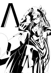 1girl boots breasts character_name cleavage coat elf expressionless feet_out_of_frame gloves greek_text greyscale hand_on_headwear hat hat_over_one_eye high_ponytail highres kage_no_jitsuryokusha_ni_naritakute! knee_boots lambda_(kage_no_jitsuryokusha_ni_naritakute!) leg_up long_hair long_sleeves looking_at_viewer medium_breasts military military_coat military_hat military_uniform monochrome nakanishi_kazuya one_eye_covered pointy_ears ponytail sidelocks simple_background sitting solo very_long_hair white_background