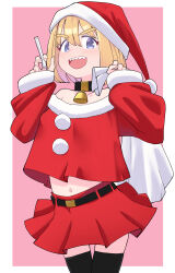 1girl :d alice_margatroid alternate_costume bell belt black_belt black_collar black_thighhighs blonde_hair blue_eyes blush breasts christmas cigarette collar cookie_(touhou) cowbell cowboy_shot fur-trimmed_shirt fur_trim hat highres holding holding_cigarette holding_sack long_sleeves looking_at_viewer midriff navel neck_bell open_mouth pink_background ponytail pyukasshori red_hat red_shirt red_skirt sack santa_costume santa_hat sharp_teeth shirt short_hair simple_background skirt small_breasts smile solo taisa_(cookie) teeth thighhighs touhou two-tone_background white_background zettai_ryouiki