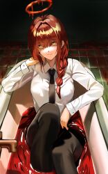 Rule 34 | 1girl, absurdres, bathtub, black necktie, blood, braid, braided ponytail, breasts, brick floor, chainsaw man, closed mouth, collared shirt, eyebrows hidden by hair, eyes visible through hair, facing viewer, faucet, halo, highres, korean commentary, large breasts, long hair, long sleeves, looking at viewer, makima (chainsaw man), necktie, pool of blood, red hair, sevenninet47503, shirt, sitting, solo, thighs, white shirt, yellow eyes