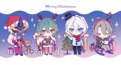 Rule 34 | ahoge, animal ears, antlers, black footwear, black headwear, black pants, blue eyes, blue hoodie, blush, box, brown hairband, brown jacket, brown pants, candy, candy cane, chair, character request, chibi, christmas ornaments, christmas tree, closed eyes, closed mouth, commentary request, cup, deer ears, eve (meltdown), fake animal ears, fake antlers, fireplace, food, fur-trimmed headwear, fur-trimmed jacket, fur trim, gift, gift box, green hair, green sweater, grey hair, grey pants, hair between eyes, hairband, hat, highres, holding, holding cup, holding sack, honkai (series), honkai impact 3rd, hood, hood up, hoodie, horns, jacket, kalpas (honkai impact), merry christmas, mini hat, mini top hat, mug, orange eyes, pants, red hairband, red headwear, red jacket, red pants, reindeer antlers, rocking chair, sack, santa costume, santa hat, shoes, sleigh, smile, standing, star (symbol), stuffed animal, stuffed toy, sweater, teddy bear, tilted headwear, top hat