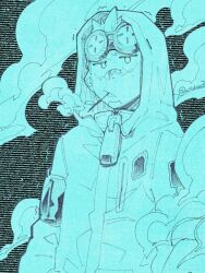 1boy arknights blue_theme commentary_request ethan_(arknights) goggles goggles_on_head half-closed_eyes hood hood_up hooded_jacket jacket male_focus open_mouth oversized_zipper pointy_ears takeuchi_(a3) upper_body zipper
