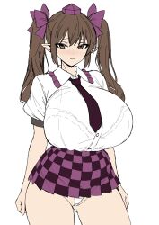 1girl black_necktie black_skirt bra breasts brown_eyes brown_hair checkered_clothes checkered_skirt closed_mouth commentary cowboy_shot hat high-waist_skirt highres himekaidou_hatate huge_breasts long_hair miniskirt musuka_(muska) necktie panties pleated_skirt pointy_ears purple_hat purple_skirt see-through_clothes see-through_shirt shirt short_sleeves simple_background skirt smile solo symbol-only_commentary tokin_hat touhou twintails underwear variant_set white_background white_panties