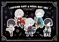 1girl 4boys bad_id black_background black_coat black_hair blue_coat boots bottle cane capcom character_name chibi coat copyright_name cup dante_(devil_may_cry) devil_may_cry devil_may_cry_(series) devil_may_cry_3 devil_may_cry_4 devil_may_cry_5 drinking_glass food highres holding holding_food holding_pizza jacket lady_(devil_may_cry) multiple_boys nero_(devil_may_cry) official_art one_eye_closed pants pizza red_coat shorts tinted_eyewear tray v_(devil_may_cry) vergil_(devil_may_cry) white_hair white_jacket white_shorts wine_bottle wine_glass