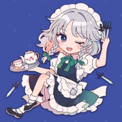 1girl ;d apron between_fingers black_shoes blue_background blue_eyes blue_skirt blue_vest bow collared_shirt commentary cup frilled_skirt frills full_body green_bow grey_hair hair_bow highres holding holding_knife holding_tray izayoi_sakuya knife looking_at_viewer maid_headdress medium_hair mozukuzu_(manukedori) one_eye_closed open_mouth pocket_watch puffy_short_sleeves puffy_sleeves shirt shoes short_sleeves skirt smile socks solo teacup teapot thigh_strap throwing_knife touhou tray vest waist_apron watch weapon white_apron white_shirt white_socks
