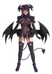 Rule 34 | 1girl, absurdres, aoi tabane, black gloves, black thighhighs, black wings, blue eyes, blunt bangs, breasts, clothing cutout, commission, corruption, cosplay, covered navel, dark persona, demon girl, demon tail, demon wings, elbow gloves, full body, garter straps, gloves, head wings, heart cutout, highleg, highres, kouyoku senki exs-tia, large breasts, leotard, liberator (exs-tia), liberator yuri (exs-tia), liberator yuri (exs-tia) (cosplay), long hair, looking at viewer, low wings, medium breasts, mole, new game!, open mouth, pixiv commission, pubic tattoo, purple hair, see-through clothes, showgirl skirt, smile, solo, standing, tail, takimoto hifumi, tattoo, thighhighs, transparent background, variant set, wings