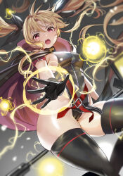 1girl absurdres black_bow black_cape black_gloves black_thighhighs blonde_hair blush bow breasts cape covered_navel fate_testarossa gloves highres long_hair looking_at_viewer lyrical_nanoha magical_girl mahou_shoujo_lyrical_nanoha medium_breasts open_mouth red_eyes solo teddypocky thighhighs twintails