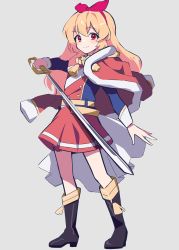 1girl absurdres aiguillette aijou_karen aijou_karen_(cosplay) aikatsu!_(series) black_boots blonde_hair blue_jacket boots bow bow_hairband closed_mouth commentary_request cosplay full_body fur-trimmed_jacket fur_trim grey_background hairband highres holding holding_sword holding_weapon hoshimiya_ichigo jacket jacket_on_shoulders long_hair long_sleeves looking_at_viewer military_jacket red_bow red_eyes red_hairband red_jacket red_skirt sash shoujo_kageki_revue_starlight simple_background skirt smile solo standing sword uhouhogorigori weapon white_sash