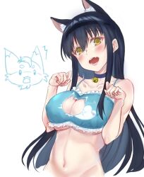 1girl ^^^ alternate_costume animal_ear_fluff animal_ears bare_shoulders bell black_choker black_hair black_hairband blue_bra blush bow bra breasts cat_cutout cat_ears cat_girl cat_lingerie choker cleavage clothing_cutout collarbone commentary_request eyelashes fang frilled_bow frills groin hair_between_eyes hairband hands_up highres inari_(summer_pockets) jingle_bell kemonomimi_mode kushima_kamome large_breasts lips long_hair meme_attire mu-chu navel neck_bell open_mouth paw_pose sidelocks simple_background solo stomach straight_hair summer_pockets surprised teeth underboob underwear upper_body very_long_hair white_background yellow_eyes
