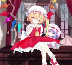2girls 3d animated arni audible_music bat_wings bad_tag blonde_hair blowing_kiss blue_hair child crossed_legs dress flandre_scarlet hair_between_eyes hat head_tilt heart looking_at_viewer mikumikudance_(medium) mob_cap multiple_girls one_eye_closed panties pantyshot bad_tag red_eyes remilia_scarlet seductive_smile short_hair siblings side_ponytail sisters sitting smile sound spinning thighhighs thighs touhou underwear video white_panties wings wink